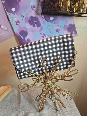 Nanette Lepore Black & White Gingham Wristlet Wallet with Gold Chain